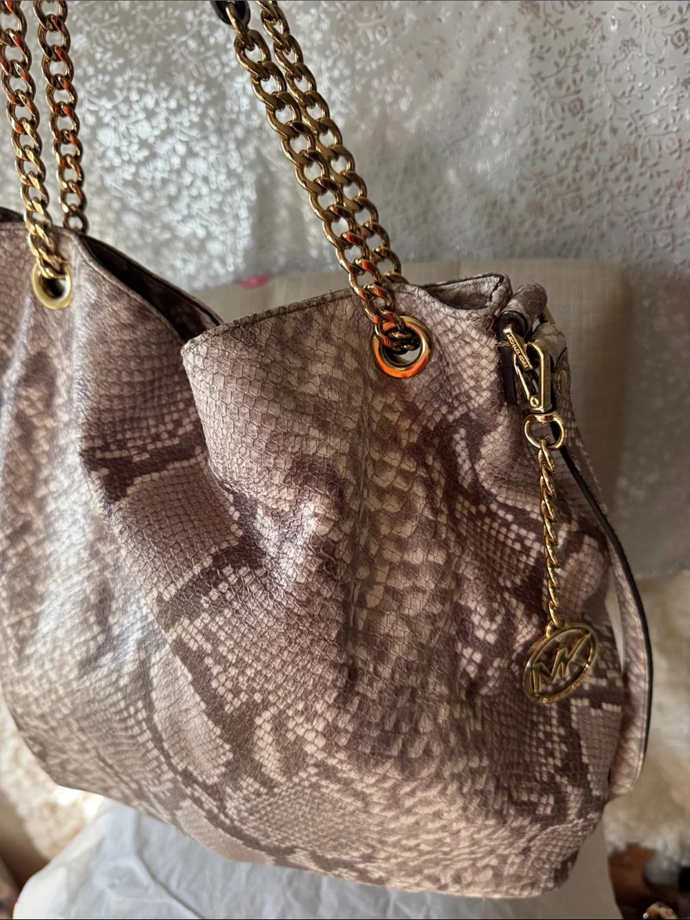 Michael Kors Beige Snake-Print Shoulder Tote with Matching Wallet